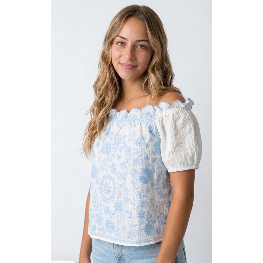 Savanna Jane Blouse Womens Small White Blue NWT Embroidered Swiss Dot Boho Top